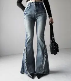 ヴィンテージライクフリンジストレッチフレアデニム me＋em select