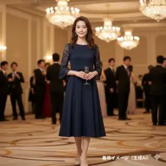 ネイビー レースフレアスリーブ 七分袖ワンピース　M　セレモニー　パーティー