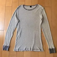 ワッフル地長袖カットソー！グレー×ホワイト！ボーダー！Lサイズ