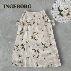 【美品】INGEBORG ドットフラワープリント　リボンモチーフ　スカート