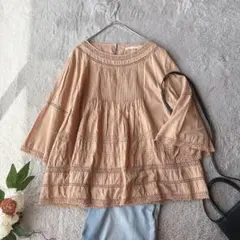 美品(L)七分袖シャーリングシャツ/ブラウス/長袖/コットン100%/綿/フレア