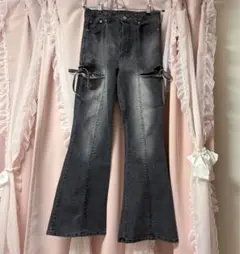 INGNI サイドリボンカットアウトフレアデニムパンツ　グレー