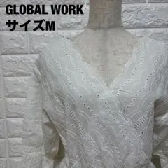 GLOBAL WORK レース刺繍 七分袖白色ブラウス M Vネック【1528】