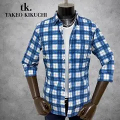 tk.TAKEO KIKUCHI チェックシャツ　七分袖シャツ　青ブルー系