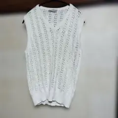 ホワイト　綿100 ベスト　ニット　透かし編み