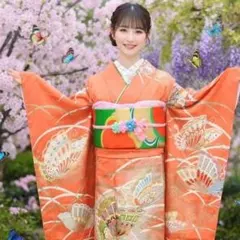 振袖　完全フルセット　25点　成人式　結婚式　前撮り　オレンジ　蝶々　正絹
