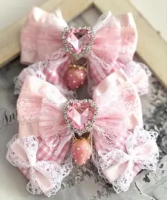 ゆめかわヘアリボンピン　フリルライトピンク×ピンクチェック×ハート