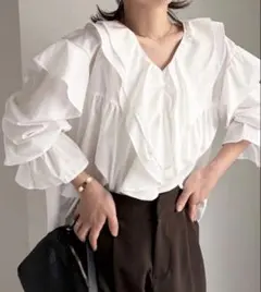 RANAN ビッグカラーフリルブラウス LLサイズ ホワイト 新品未使用タグ付き