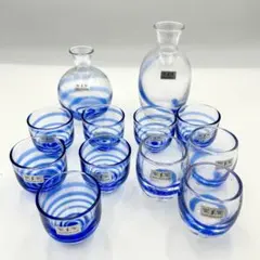 琉球ガラス 透明青色の酒器セット 未使用品