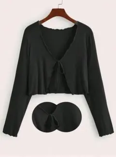 SHEIN 1XL ブラック リブニット フロントタイ ボレロ カーディガンのサムネイル