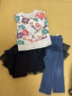 花柄トップス チュールスカート ドットレギンス 4点セット