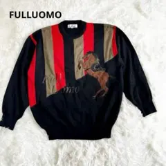 FULLUOMO ヴィンテージ　馬刺繍 ニットセーター 黒赤　L 日本製のサムネイル