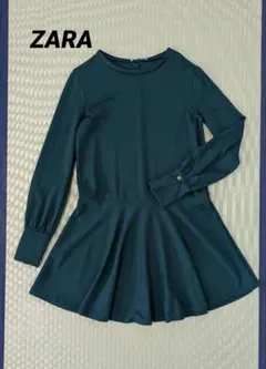 【ZARA】ダークグリーン 長袖 フレアワンピース　サイズS