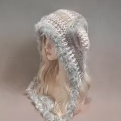 ボンネット　羊耳　ニット帽　帽子　桜色　ピンク　ロリータ　森ガール　ハンドメイド