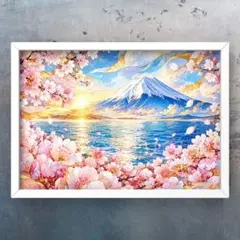 富士山に昇る光と桜に舞う幸運が海を越えて、福と繁栄を導く　額縁付きグラフィック