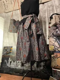 村山大島紬 膝丈スカート 共布バッグ ストール付き