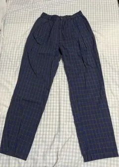 訳あり 青とグレーのチェック柄カジュアルパンツ パジャマパンツ 古着ストリート