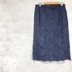 GU　大きいサイズ　総レース　ひざ丈スカート　タイト　紺　綿混　春夏秋　セレモニ