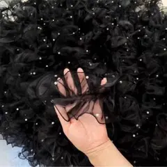 1194 帯揚げ 浴衣 フリル レース 黒 パール風 チュール 着物 振袖七五三