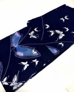紺　浴衣　 蝶　綿　洗濯済み　アンティーク　手縫い　昭和レトロ