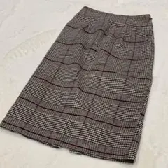 インデックス チェック柄タイトスカート 裏地付き 後ろゴム M ウール混 秋冬