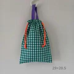 【ハンドメイド】みどりのチェックの持ち手付き巾着 5. 上履き入れ/スモック袋のサムネイル