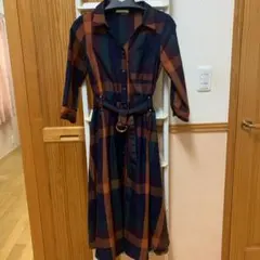 REDYAZEL チェック柄シャツワンピース 七分袖 ベルト付き