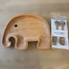 新品　未使用　ゾウ型　木製　ベビー用　プレート　カトラリーセット