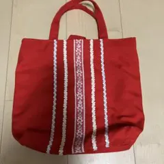赤いストライプとレースのトートバッグ