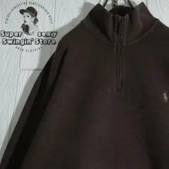 人気 ラルフローレン ハーフジップニット セーター 2XL ブラウン 刺繍 古着