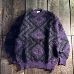 古着　総柄　3Dウールニット　パープル　ブルズアイ　オルテガ　紫　L 太アーム