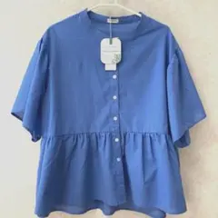 【新品タグ付】3L 半袖ブラウス きれいめブルー ふんわり軽やか カジュアル服
