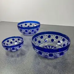 難あり】切子ガラス 青被せガラス 小鉢 3点セット
