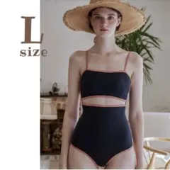 人気❤️フロントオープン パイピング スイムウェア 黒 ピンク ワンピース L