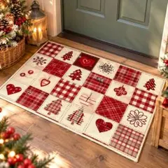 クリスマス 玄関マット パッチワーク風 赤チェック カントリー 北欧 コテージ