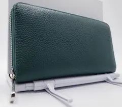 新品 イタリアンレザー ラウンドファスナー 長財布 グリーン 本革 牛革 シボ