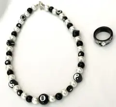 未使用 モノトーン ビーズネックレス アクリルリング セット 平成 レトロ