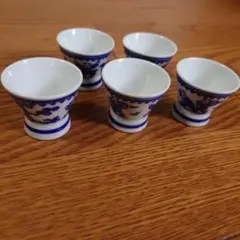 骨董品青い花柄の陶器製お猪口5個セット