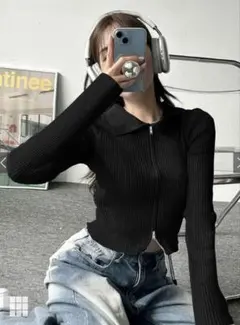 GRL ダブルジップ襟付ニットトップス ブラック