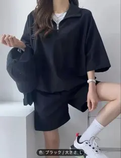 【セットアップ】ジッパー 半袖 ショートパンツ スウェットスーツ 上下セット