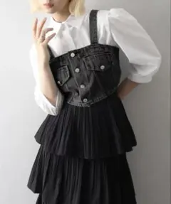 SpRay デニムビスチェ×ボリューム袖長袖ブラウス　ブラック