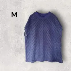 透かし編み レイヤード風 プルオーバー カットソー ネイビー Mサイズ　大きめ
