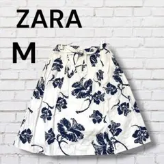 ザラ　フレアスカート M 花柄　ミディ丈　ふんわり　フラワー　リボン　裏地付き