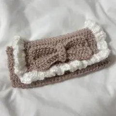 リボン型 ペンケース ハンドメイド かぎ針 編み物 くすみピンク×白フリル