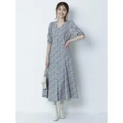 花柄 半袖 ロングワンピース Vネック