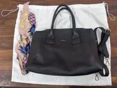 FURLA 黒 レザー ハンドバッグ スカーフ付