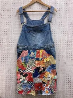 リメイク古着 キャラクター パッチワーク切替 デニムサロペットスカート