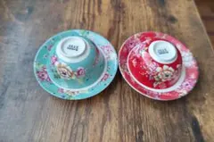 台湾 花布 客家花柄茶器ソーサー付2客 食器棚のインテリアに
