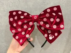 【ディズニー】ミニー カチューシャ ベロア 赤 ビッグリボン 刺繍 水玉