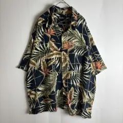 アロハシャツ レーヨン 半袖 テロ感 総柄 ネイビー オーバーサイズ 3XL 